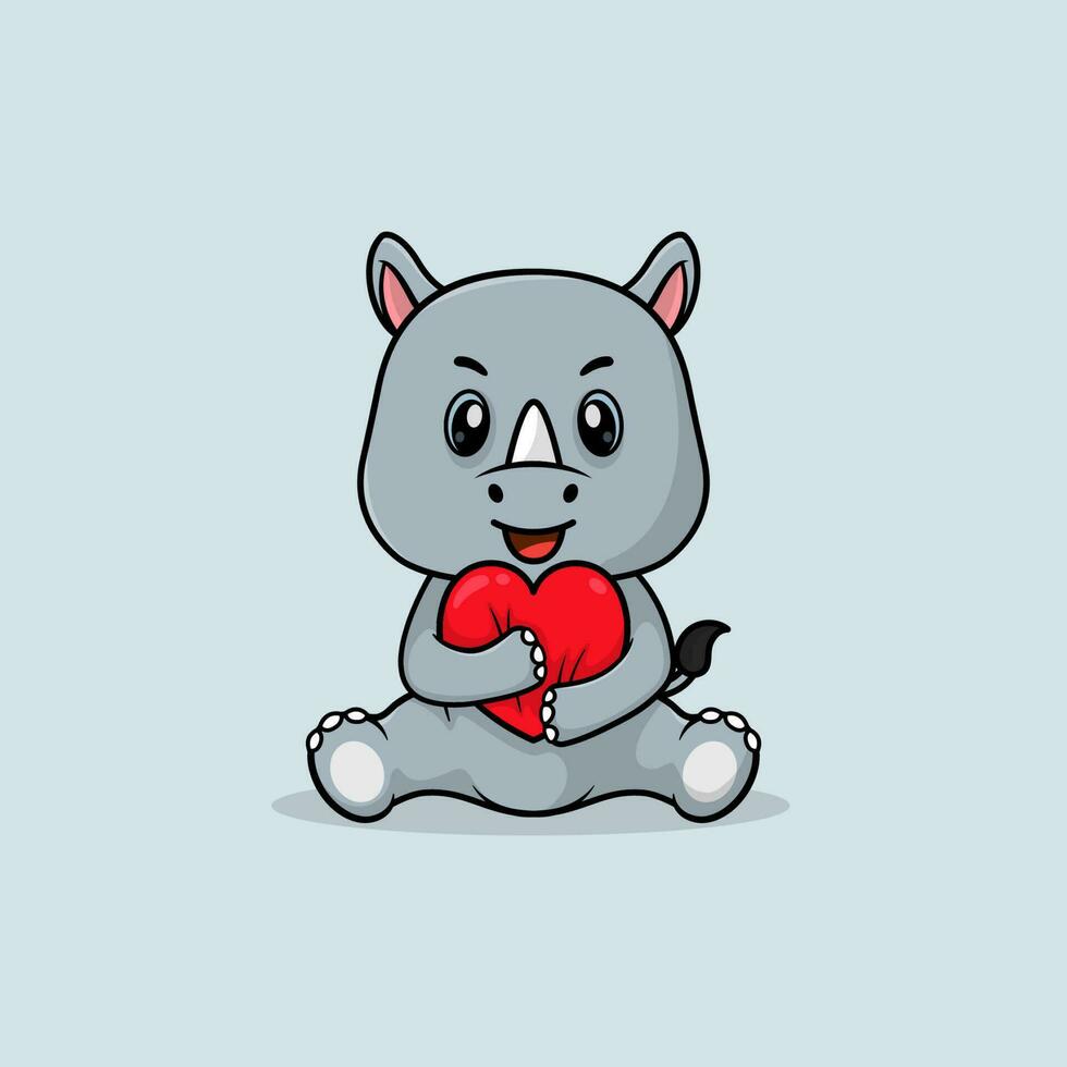 Vector cute baby rhino cartoon holding love icon flat illustration.
