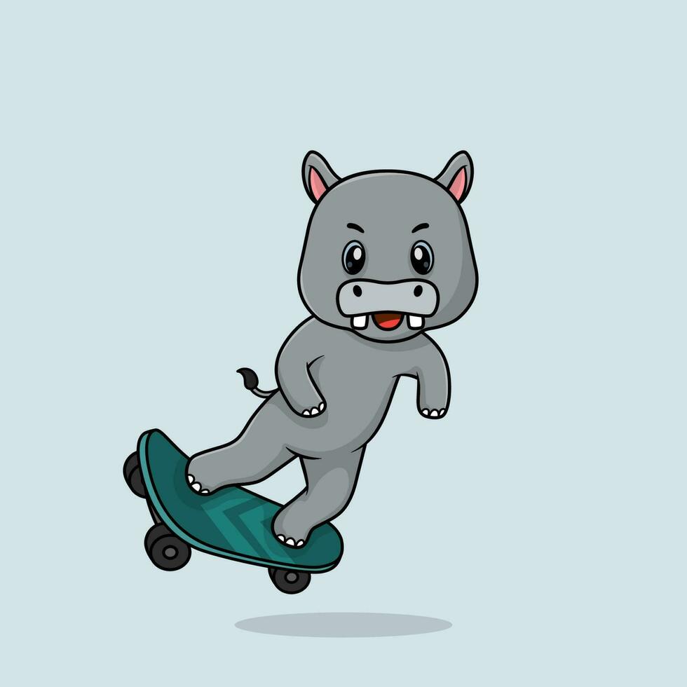 Vector cute baby hippo cartoon playing skateboard icon flat illustration.
