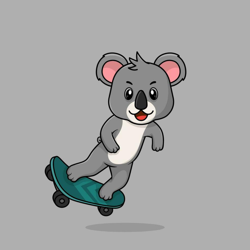 Vector cute baby koala cartoon playing skateboard icon flat illustration.