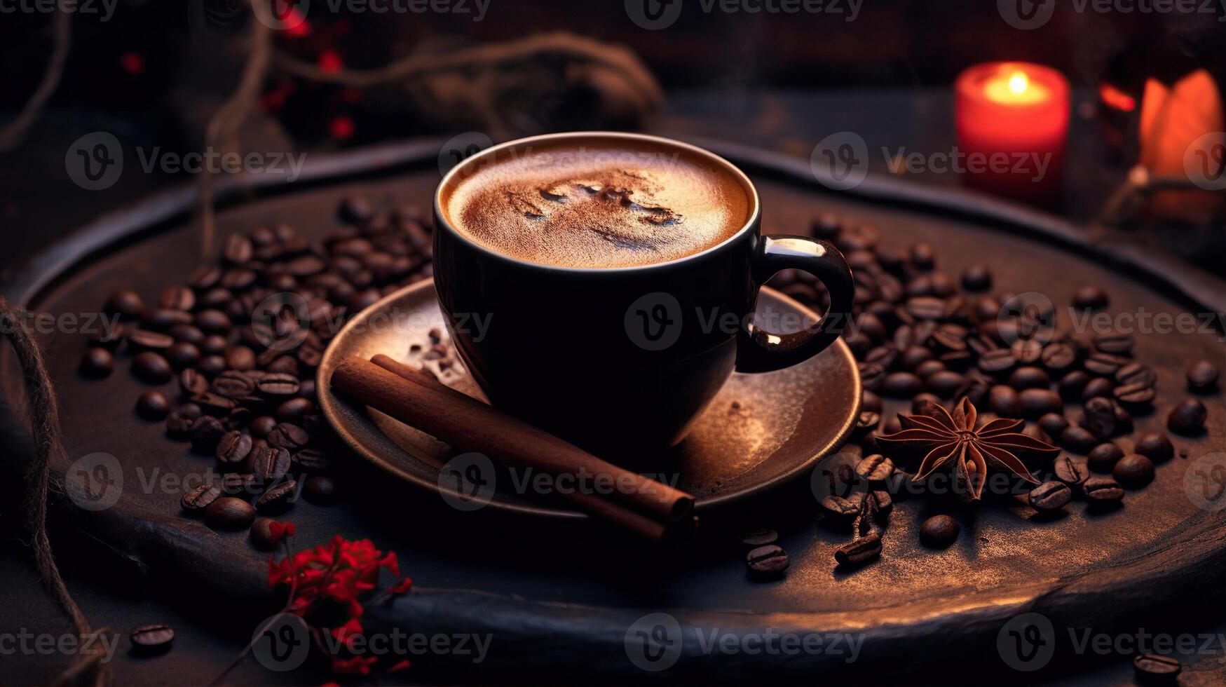 Steaming Coffee Cup with Fragrant Cinnamon and Coffee Beans. Created with photo