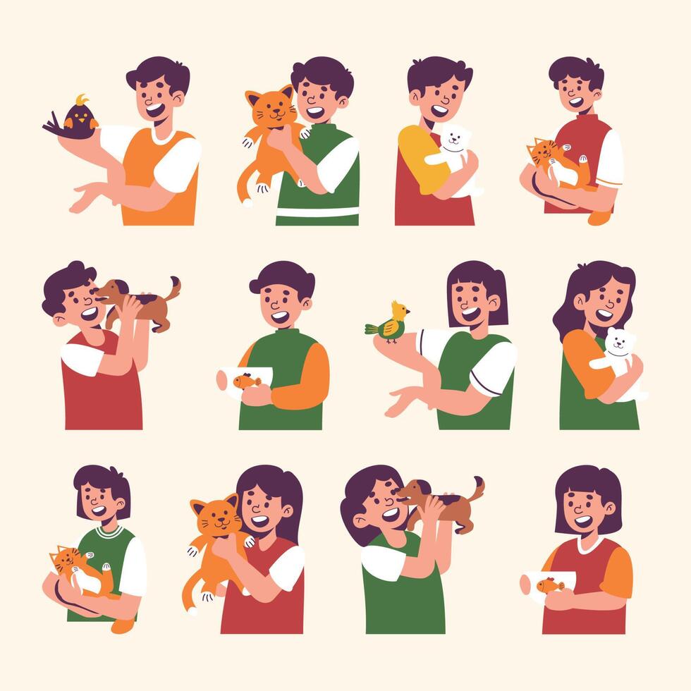 Set of happy pet owners with dogs, birds, fish, and cats, Collection of people playing, hugging, and cuddling with animal friends. vector