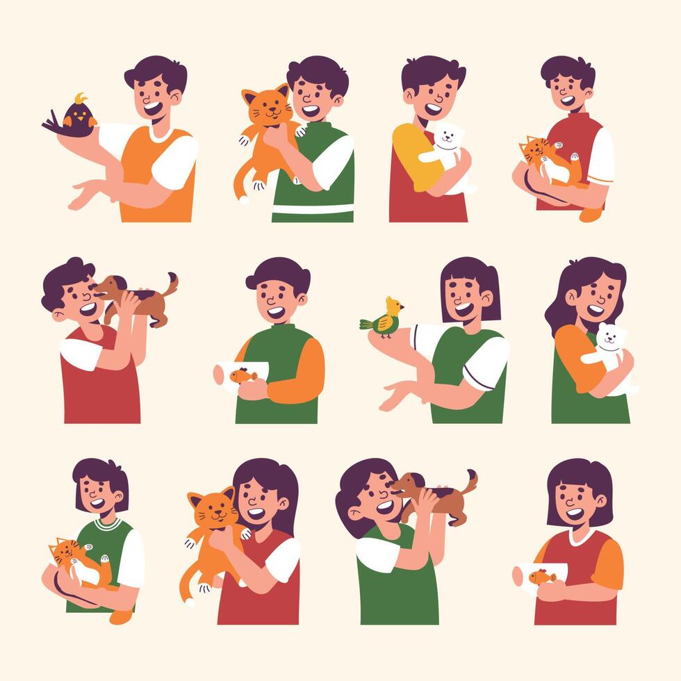 conjunto de contento mascota propietarios con perros, aves, pez, y gatos, colección de personas jugando, abrazando, y acurrucarse con animal amigos. vector