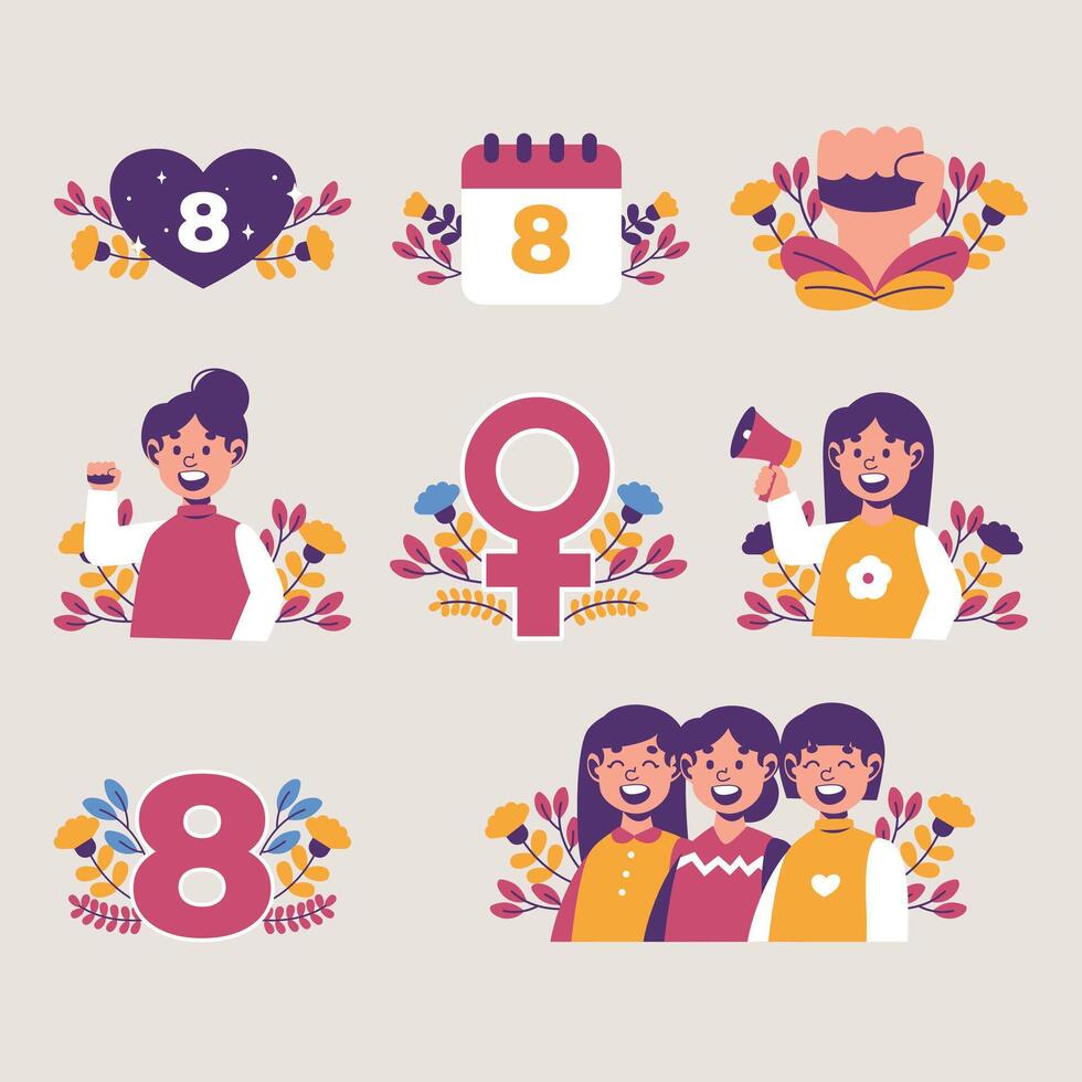 conjunto de concepto del día internacional de la mujer con felices mujeres multinacionales diversas celebran el día de la mujer. luchando por la libertad, la independencia, la igualdad. ilustración vectorial de estilo plano vector