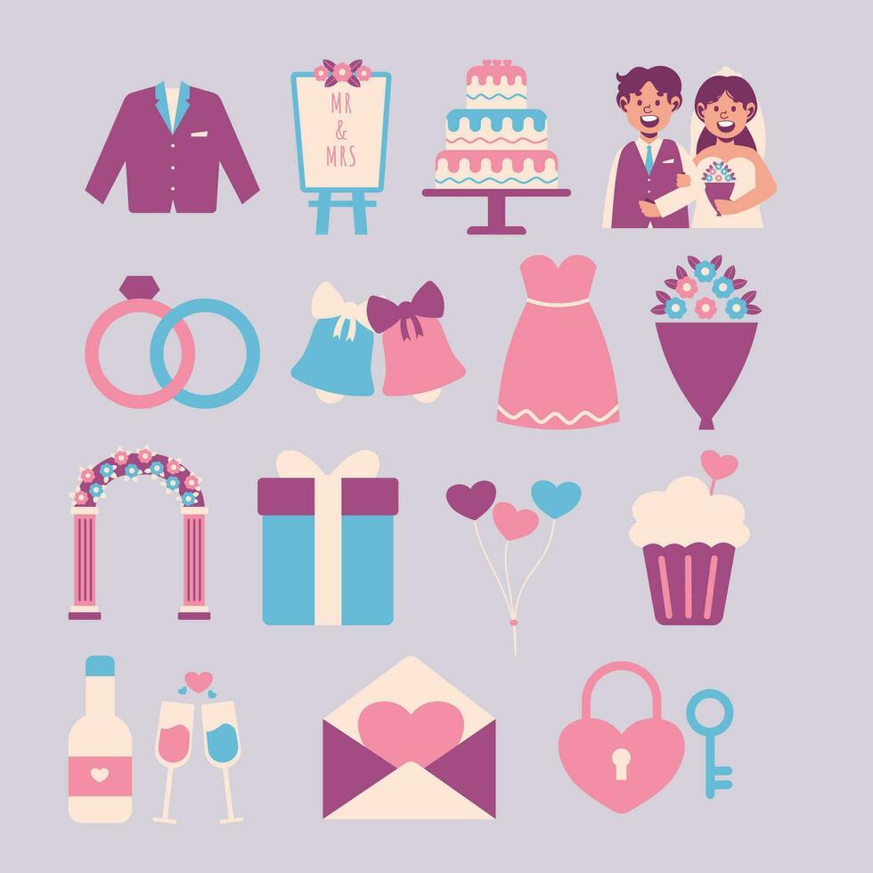 Big vector collection of wedding icons, Flat style.