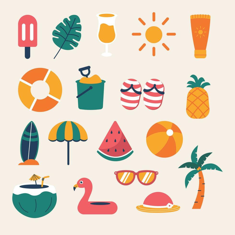 Set of cute summer icons, ice cream, drinks, palm leaves, fruits and flamingo. Collection elements for beach party. vector
