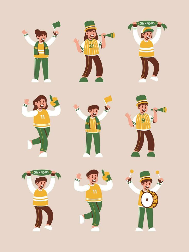 Football fans. Cheering sports support team, smiling people in soccer uniform. Isolated stadium crowd cartoon characters and rooter equipment vector illustration