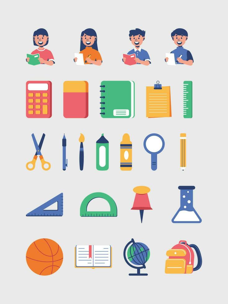 Collection of School illustrations with Cute happy children, school supplies, and different decoration elements. Vector set