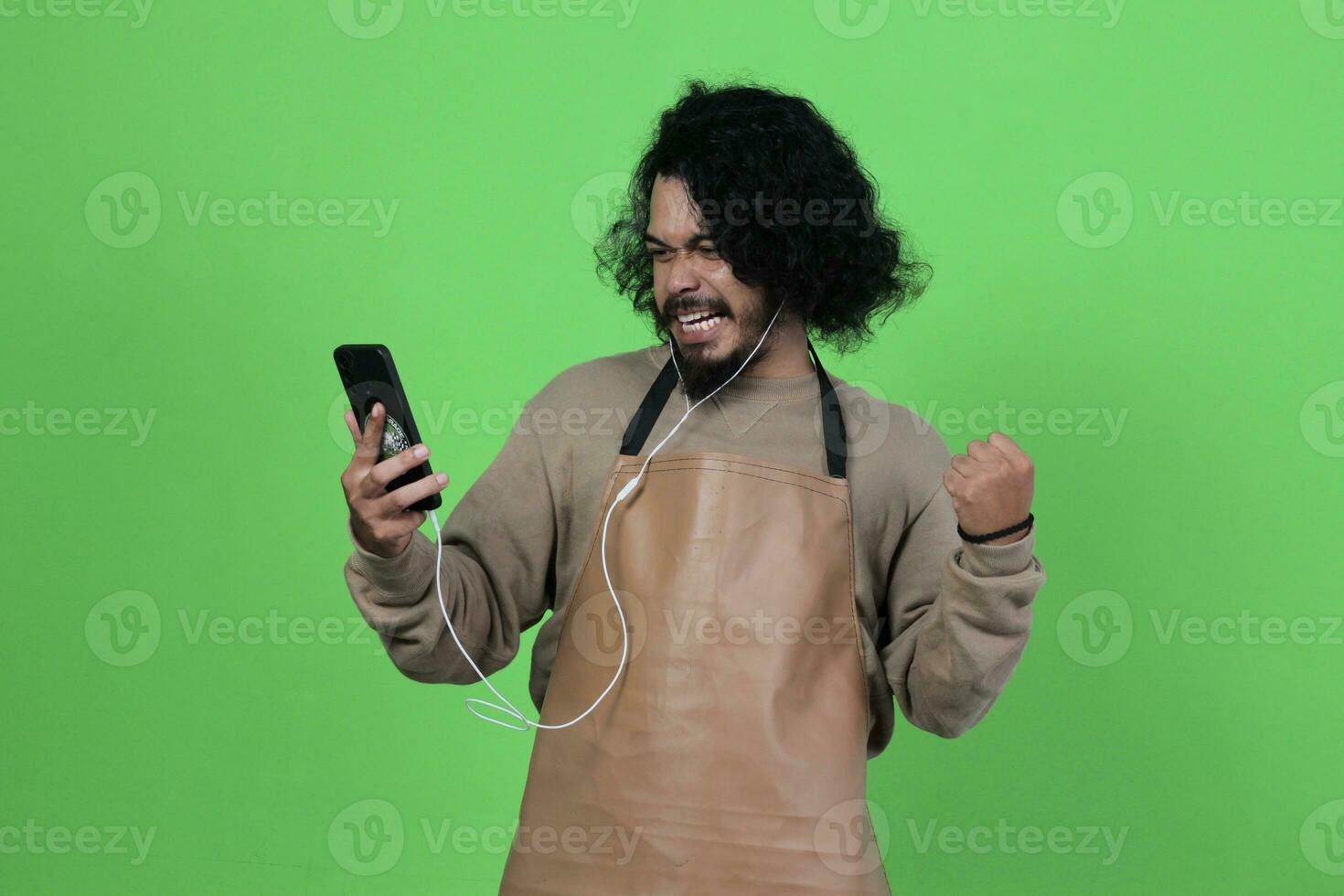 Asian male coffee shop bartender poses and expressions photo