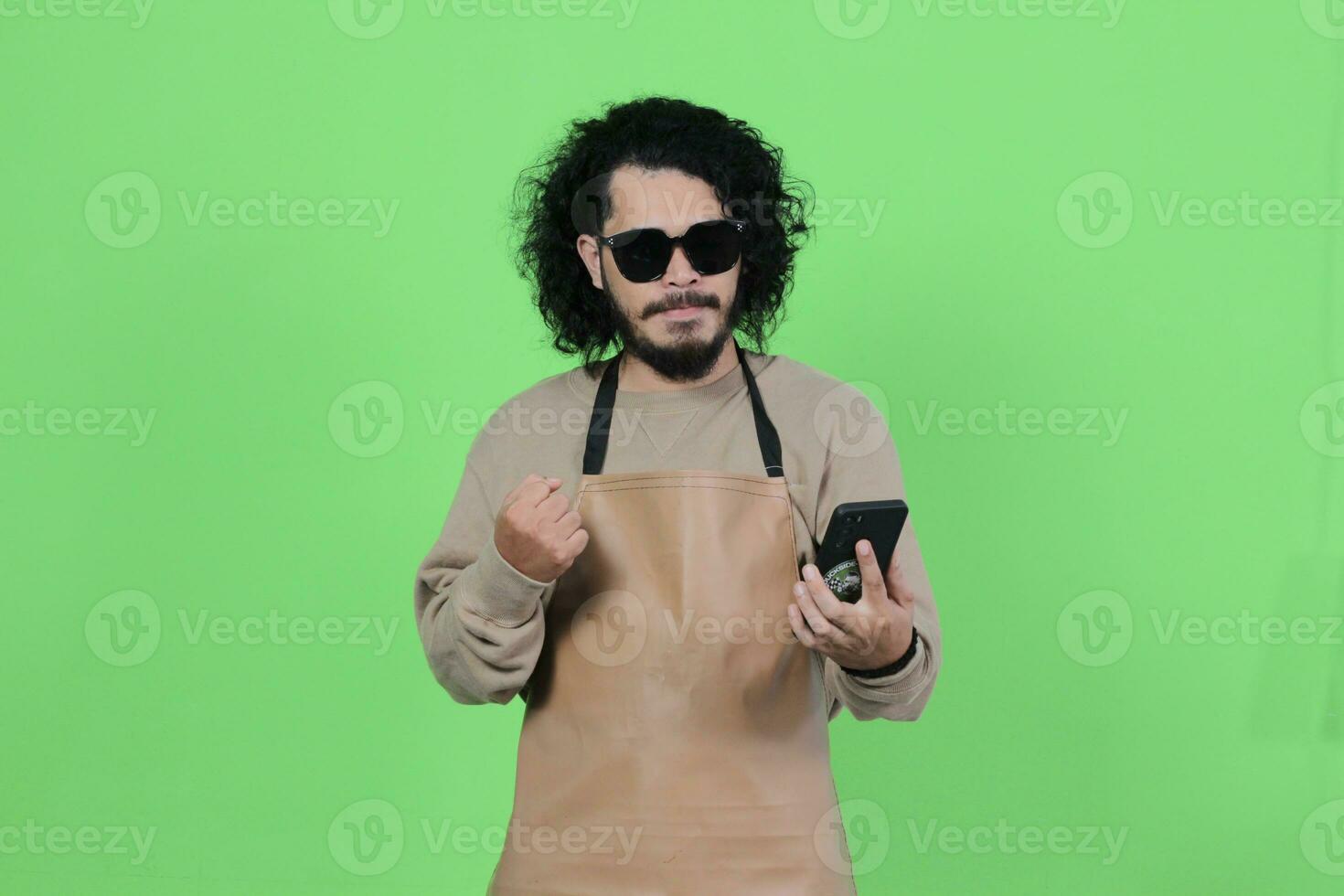 Asian male coffee shop bartender poses and expressions photo