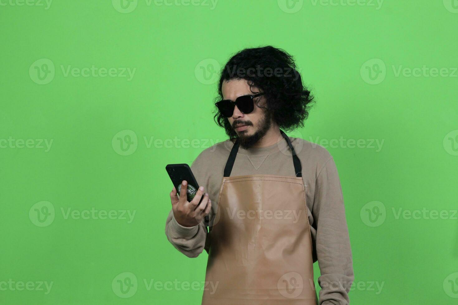 Asian male coffee shop bartender poses and expressions photo