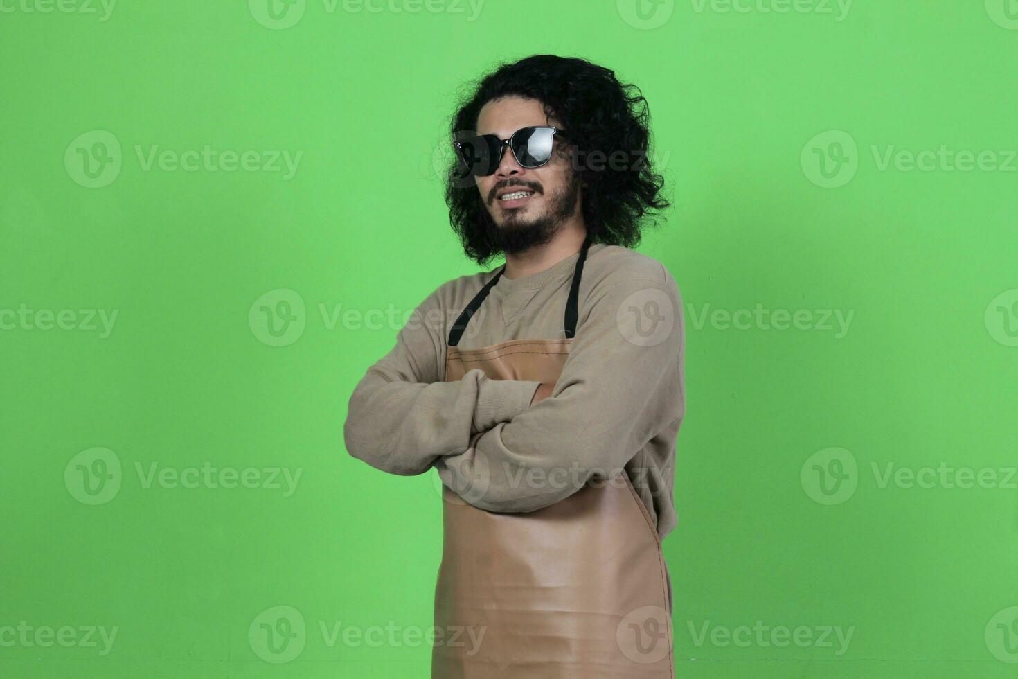 Asian male coffee shop bartender poses and expressions photo