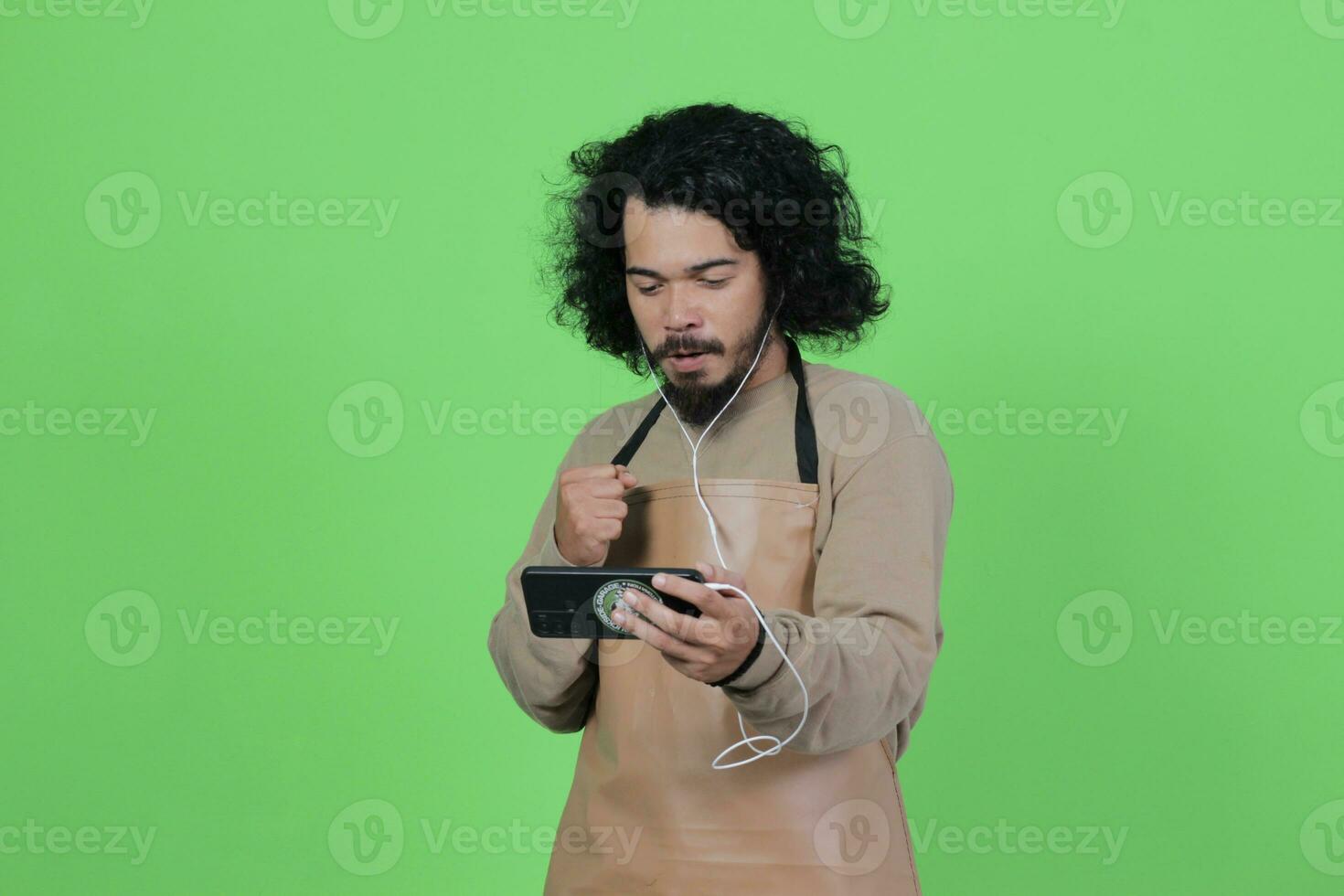 Asian male coffee shop bartender poses and expressions photo