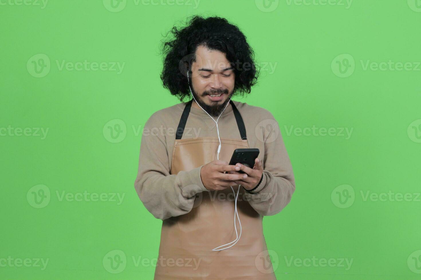 Asian male coffee shop bartender poses and expressions photo