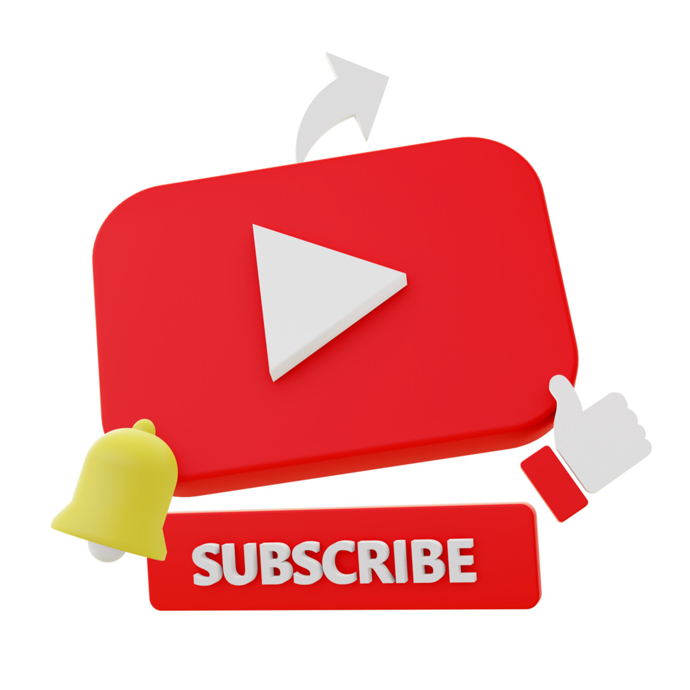 3d illustration icon of youtube subscribe like and share for UI UX web mobile app social media ads png