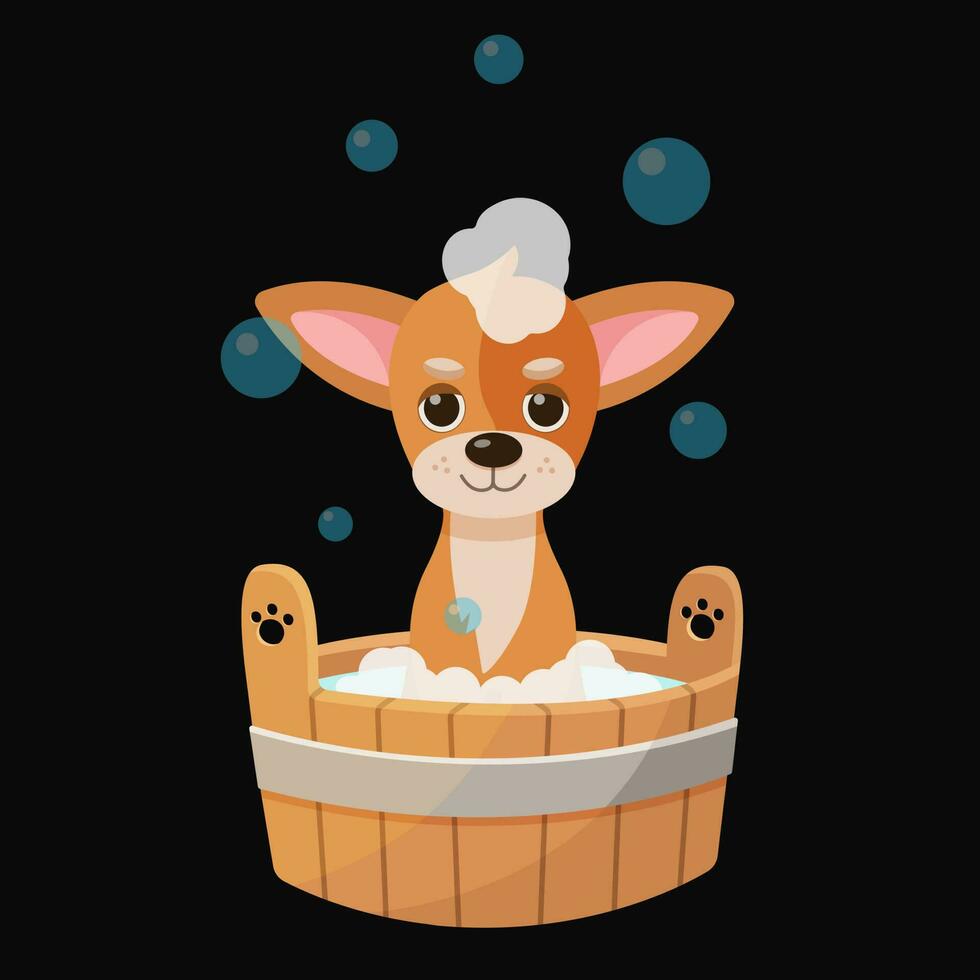 The dog is taking a bath. Care. Animal care. Cartoon design. Dog care concept. Cute red dog enjoys salon treatments. Clean happy pet. Vector illustration.