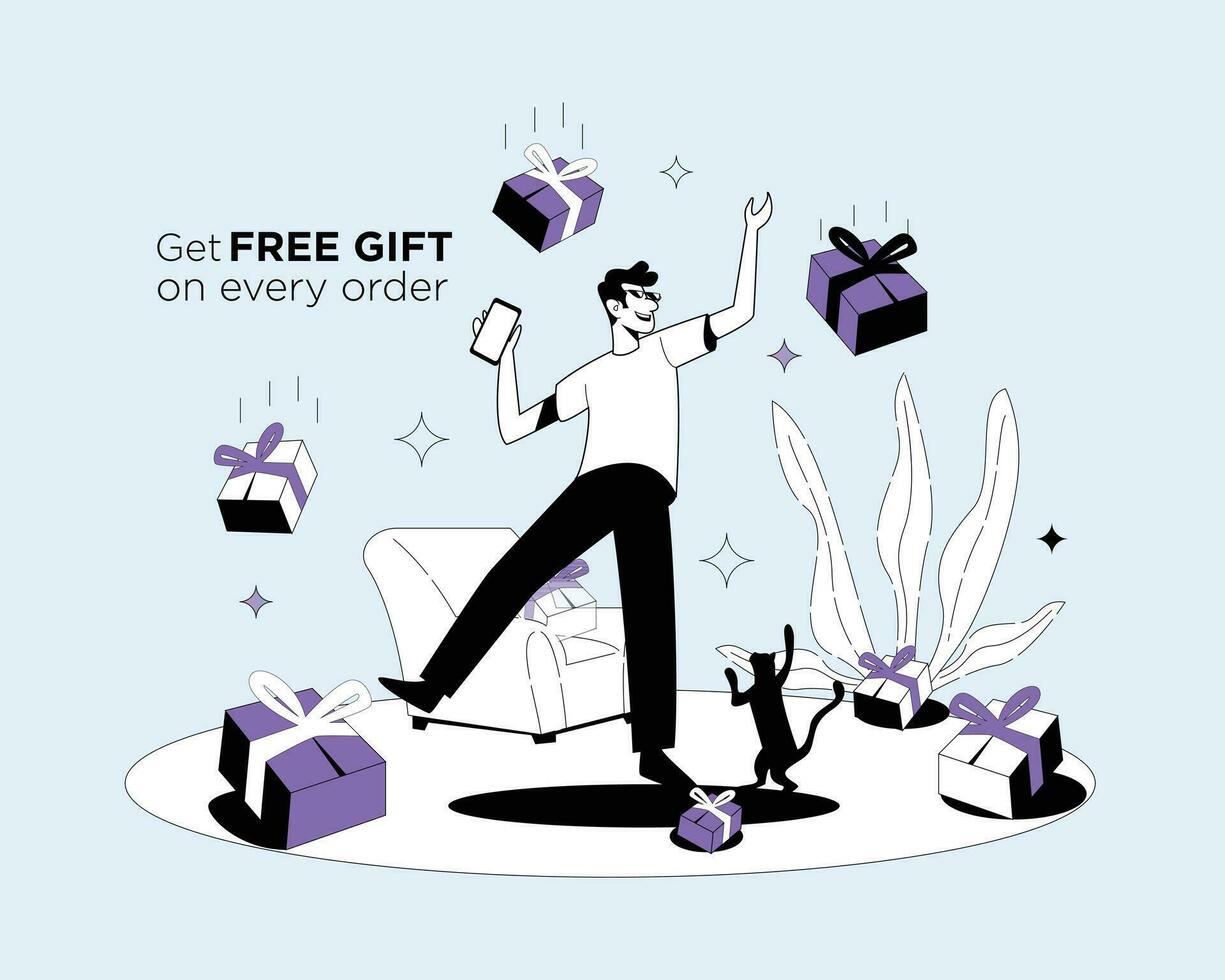 Online shopping vector illustration, a man get free gift on every order
