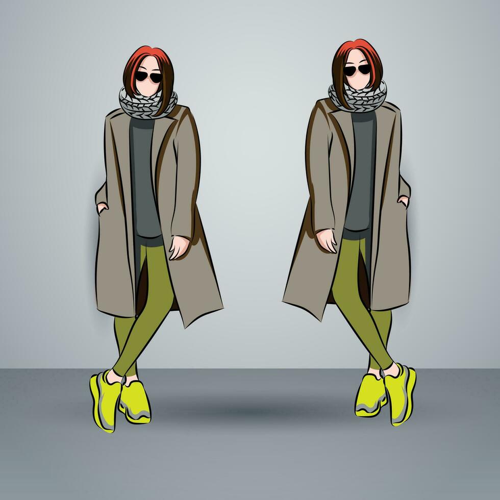 Sketch of an autumnal ensemble. concepts with style and glitz. Coat, jeans, sweater, and high heels are a must-have ensemble. glitzy clothes accessories. inspiring informality vector