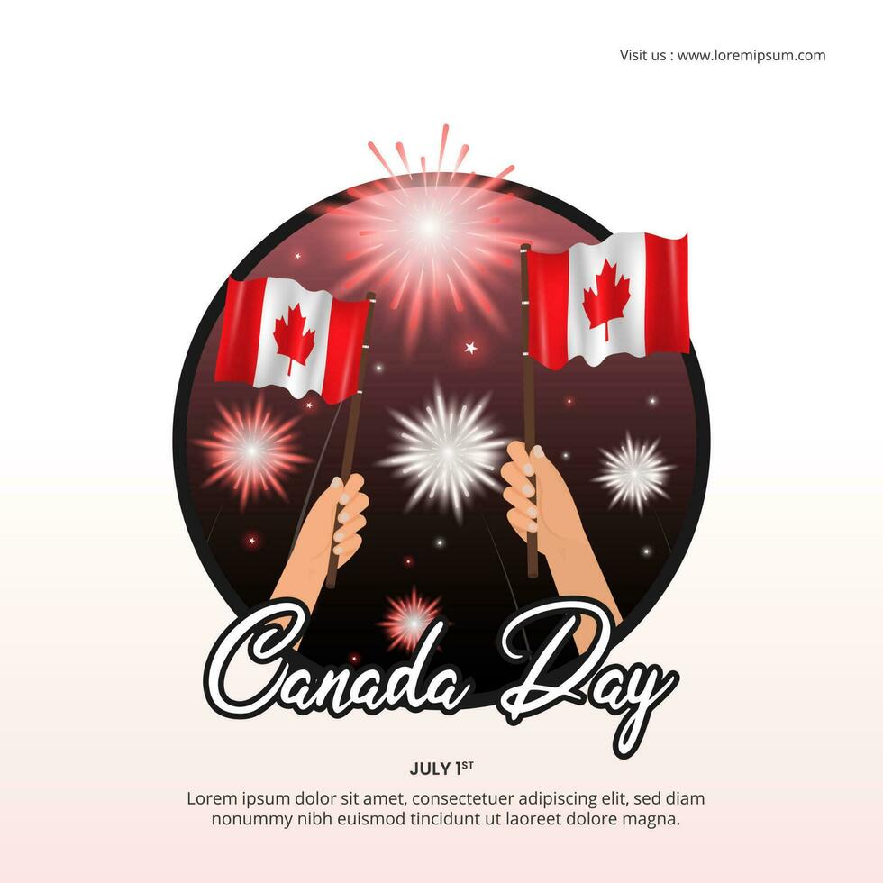 cuadrado Canadá día antecedentes con mano participación bandera y fuegos artificiales vector