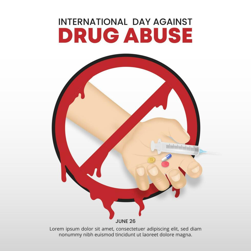 Square international day against drug abuse background with a hand of overdose person in blood no symbol vector