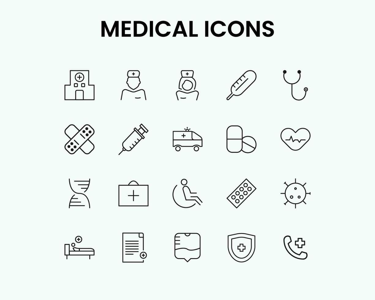 Set of 20 quality icons about health care and medical. Hospital, Doctor, Nurse, Ambulance, Patient and First Aid Icons. Outline icons about hospital and medical care. Simple Vector Illustration