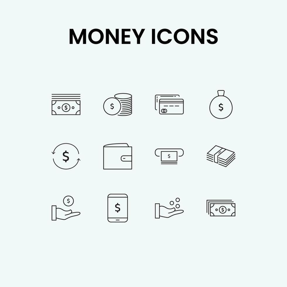 Outline Money Icons Set. Money line icons set. Set of Banking, Wallet, Credit Card, and Coins icons. Simple Vector Illustration.