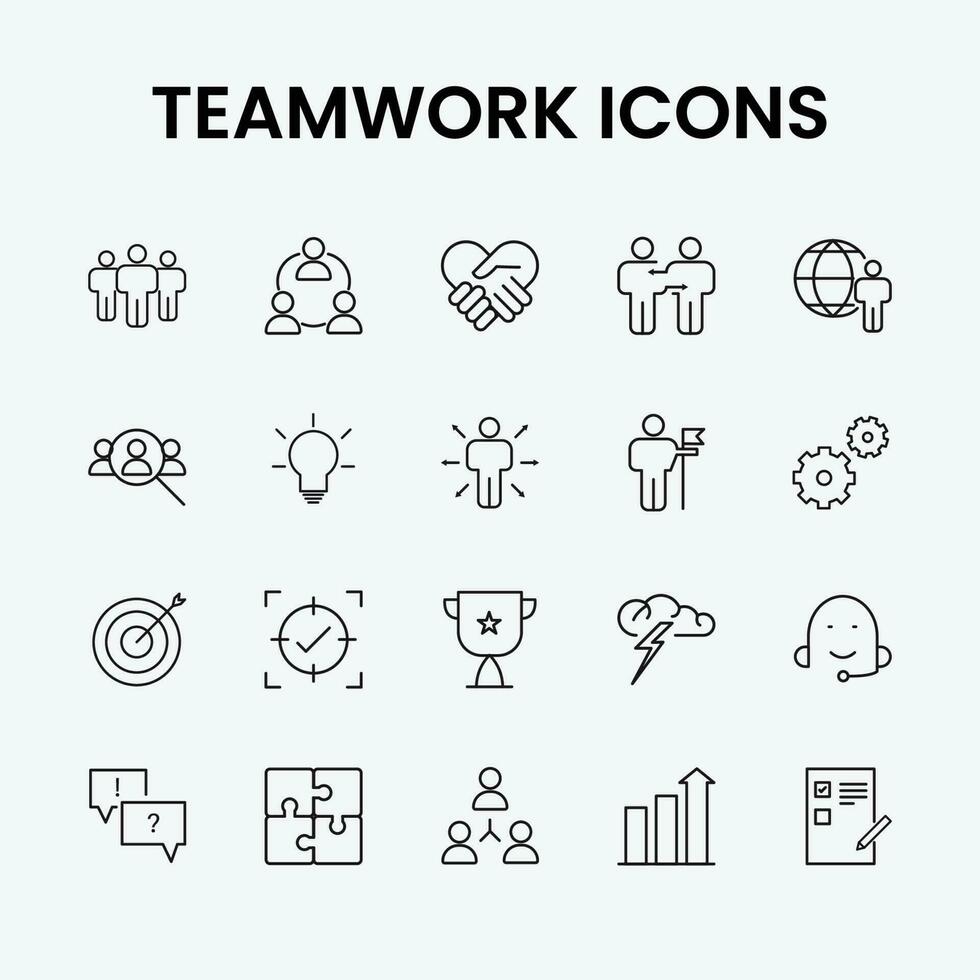 Teamwork icon set. Business teamwork, team building, work group and human resources minimal thin line web icon set. Simple vector illustration.