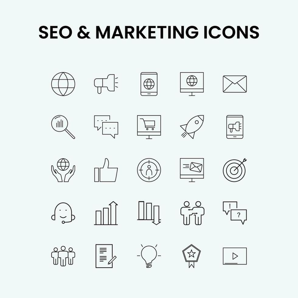 Outline SEO and Digital Marketing Icons Set. Includes web, advertising, business strategy, growth, customer care and more icons. Simple Vector Illustration.