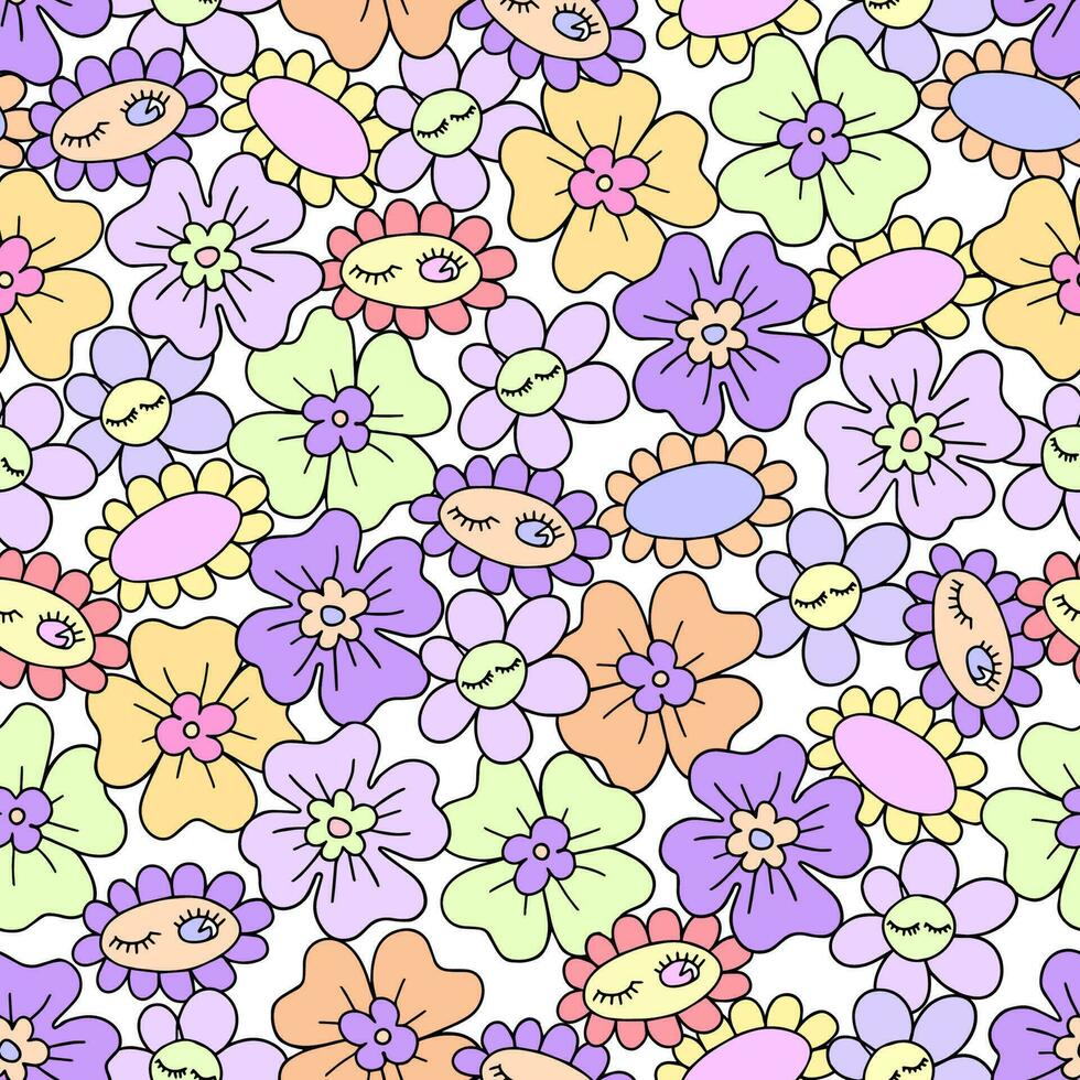 Seamless vector pattern with hippie style daisies on a white background.