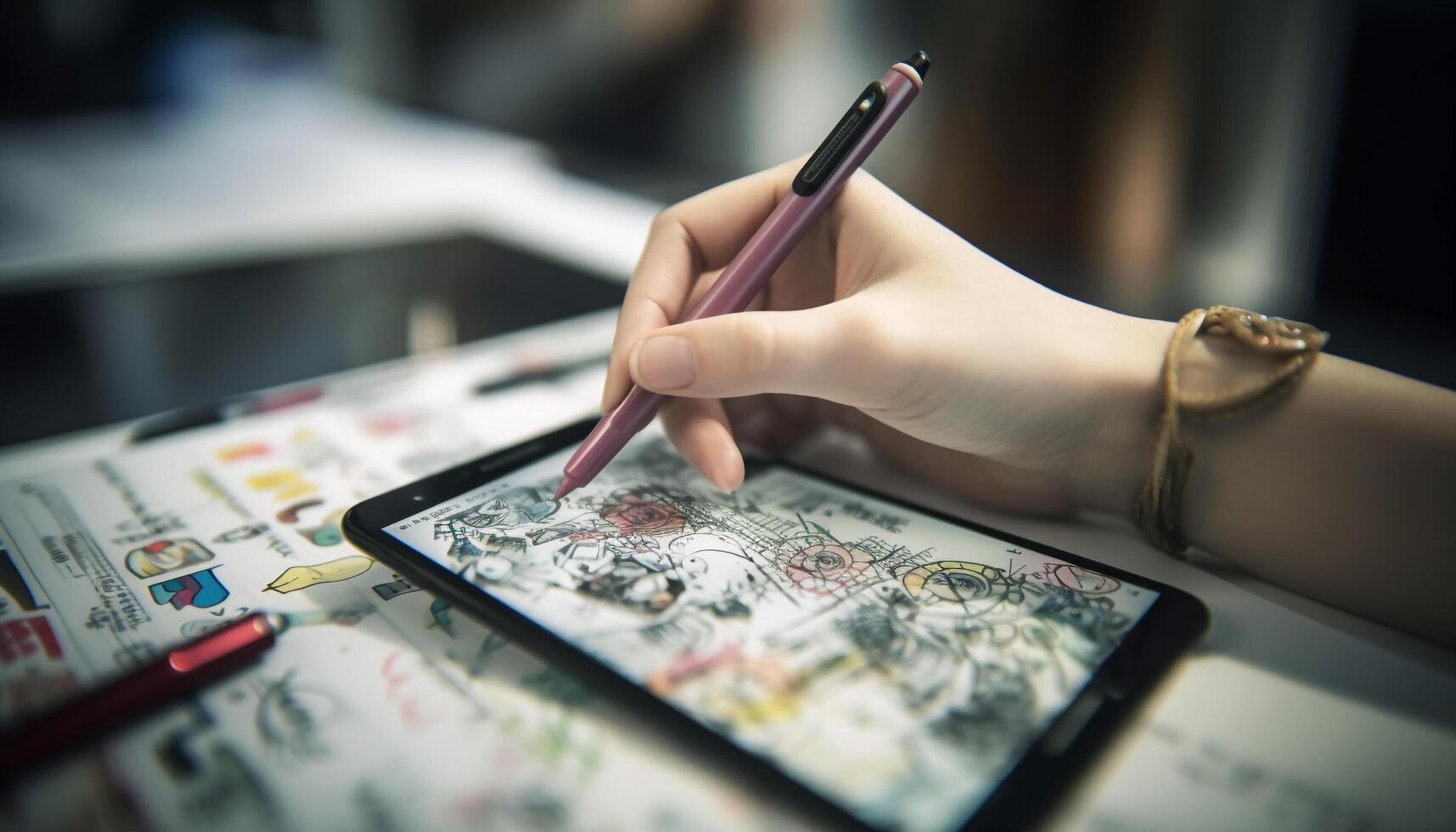 Close up of artist hand sketching a design generated by AI photo