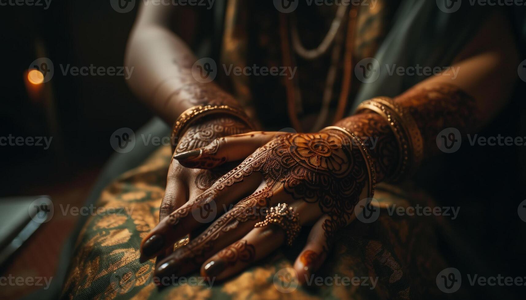indígena elegancia indio pulsera, oro, alheña tatuaje adorno generado por ai foto