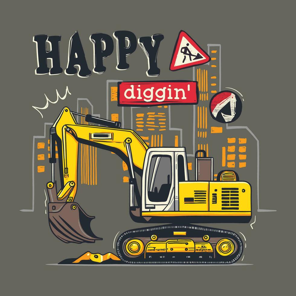 Yellow excavator digging ground on construction area. Vector hand drawn illustration
