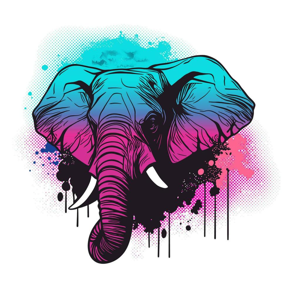 Elephant head in vapor wave style on abstract brush splash background vector