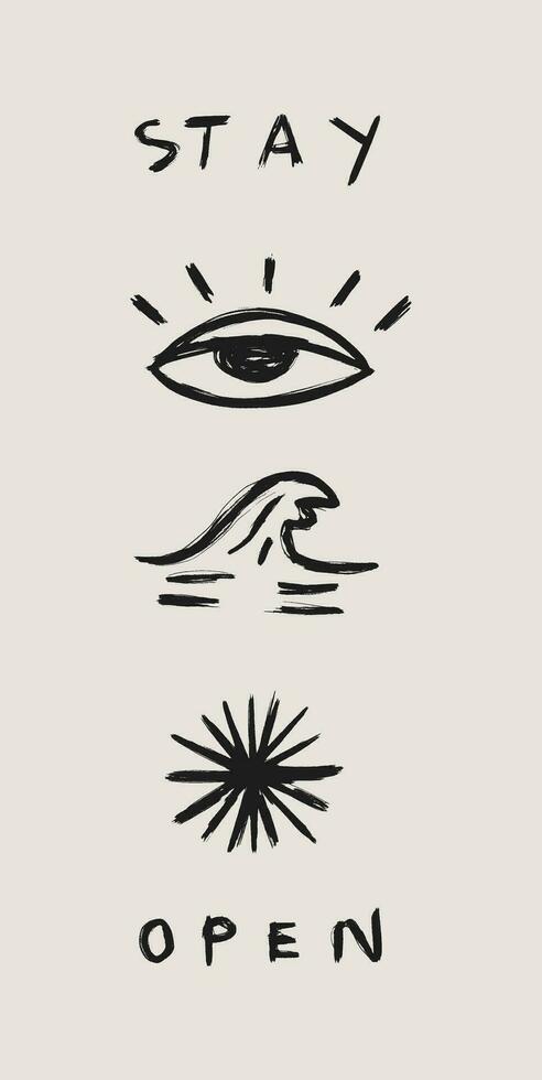 Hand drawn illustration of eye, beach and sun with the inscription stay open vector