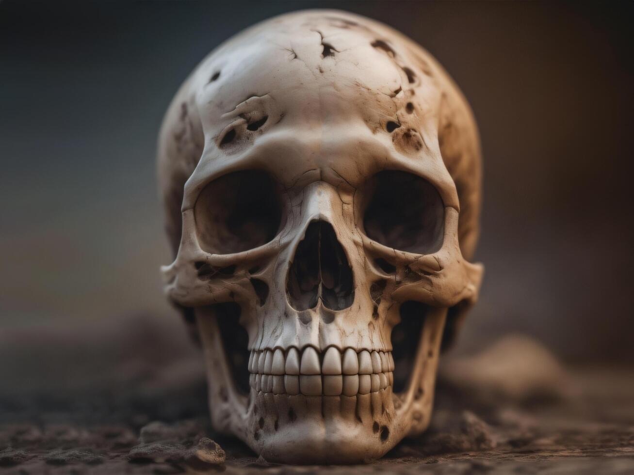 Human skull on ground with blurred background photo