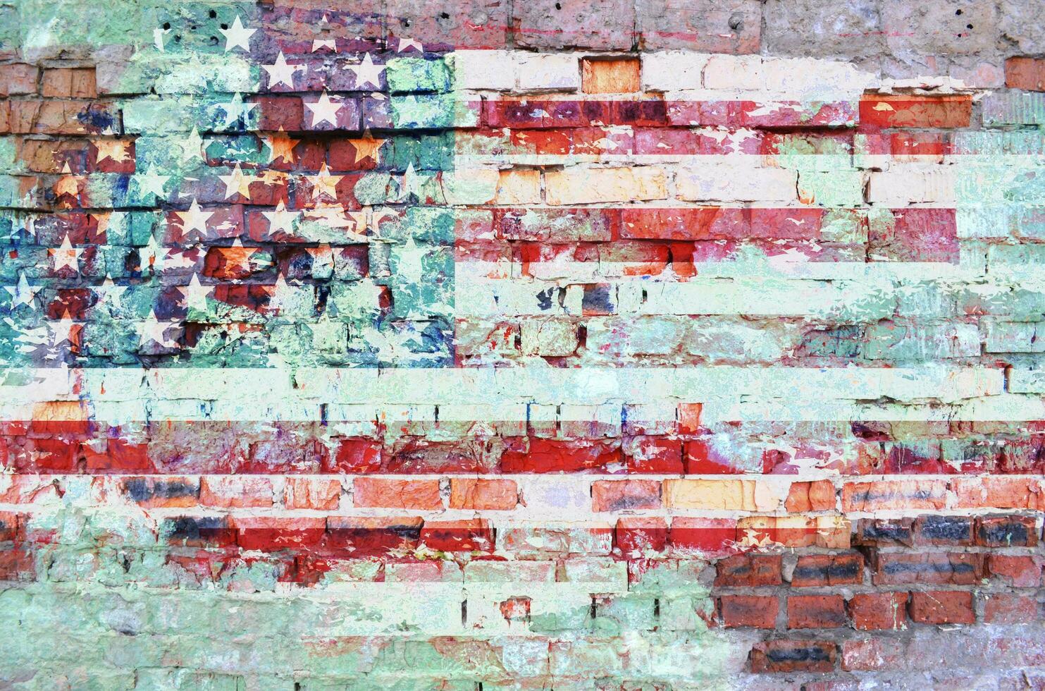 Grunge old American flag on brick wall. Independence day, 4th of july