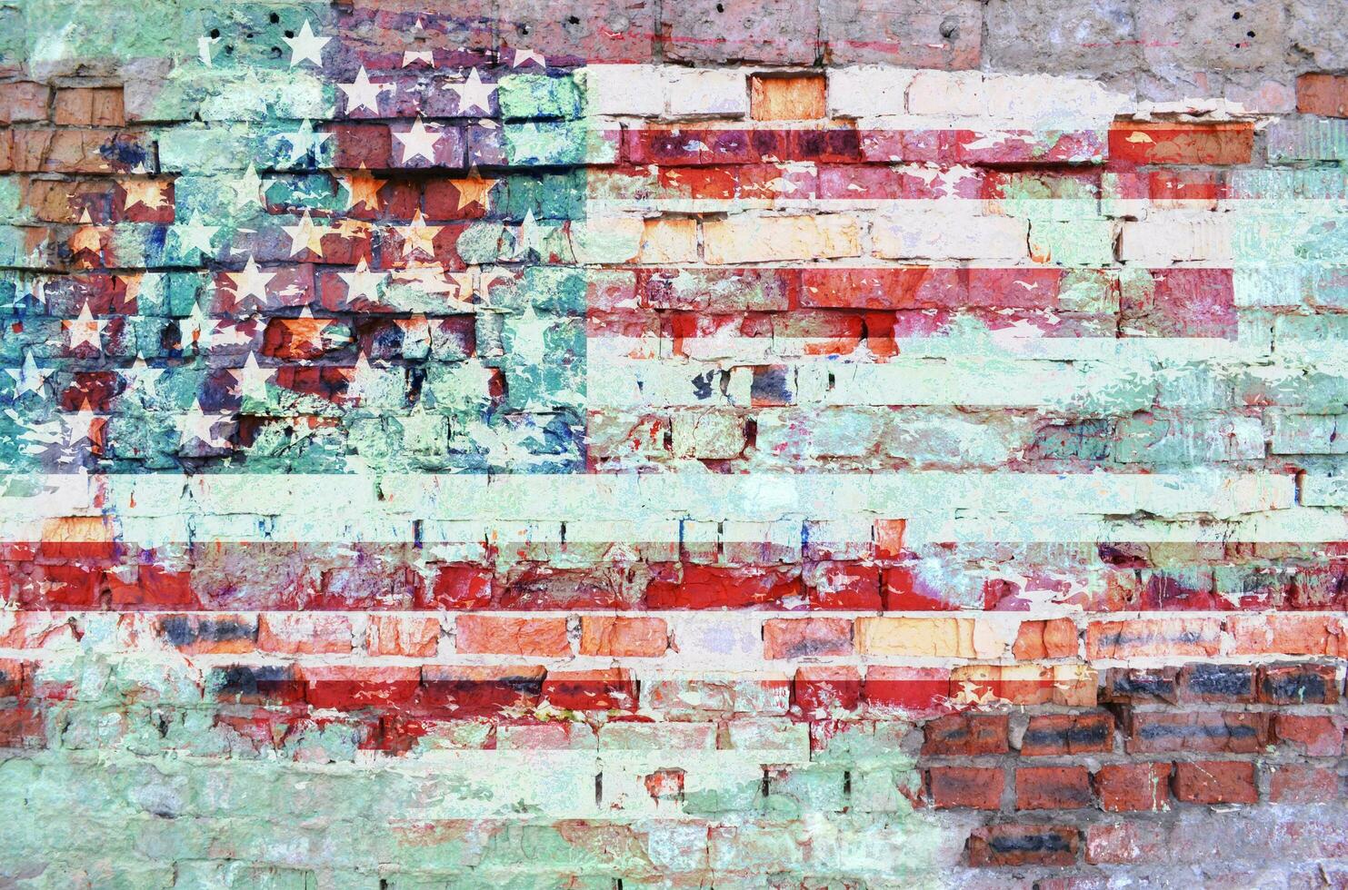 Grunge old American flag on brick wall. Independence day, 4th of july celebration. photo