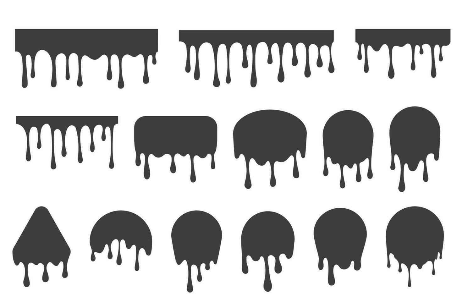 Melted drips shapes. Drop flow of black liquid isolated on white background. Sauce chocolate ink splashes. Vector illustration