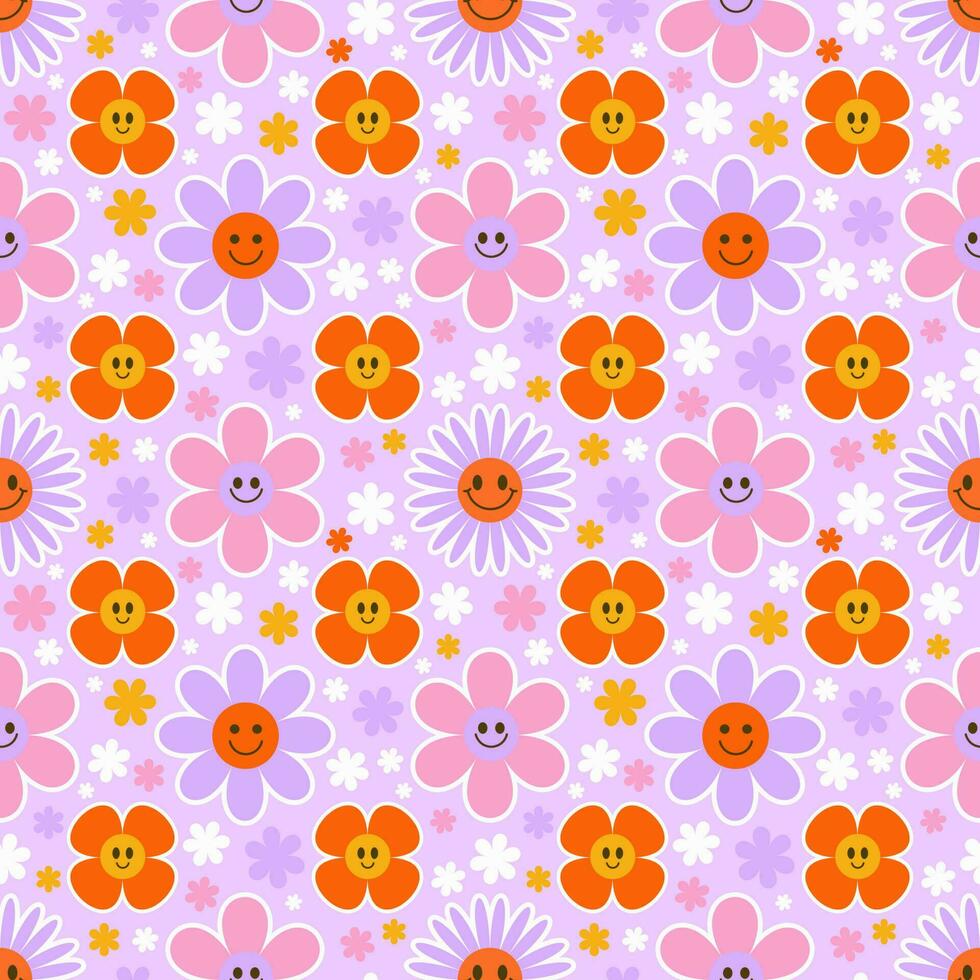 Groovy flower seamless pattern. Y2k floral smile background. Cartoon retro daisy print with funny faces. Vector trendy aesthetic illustration.