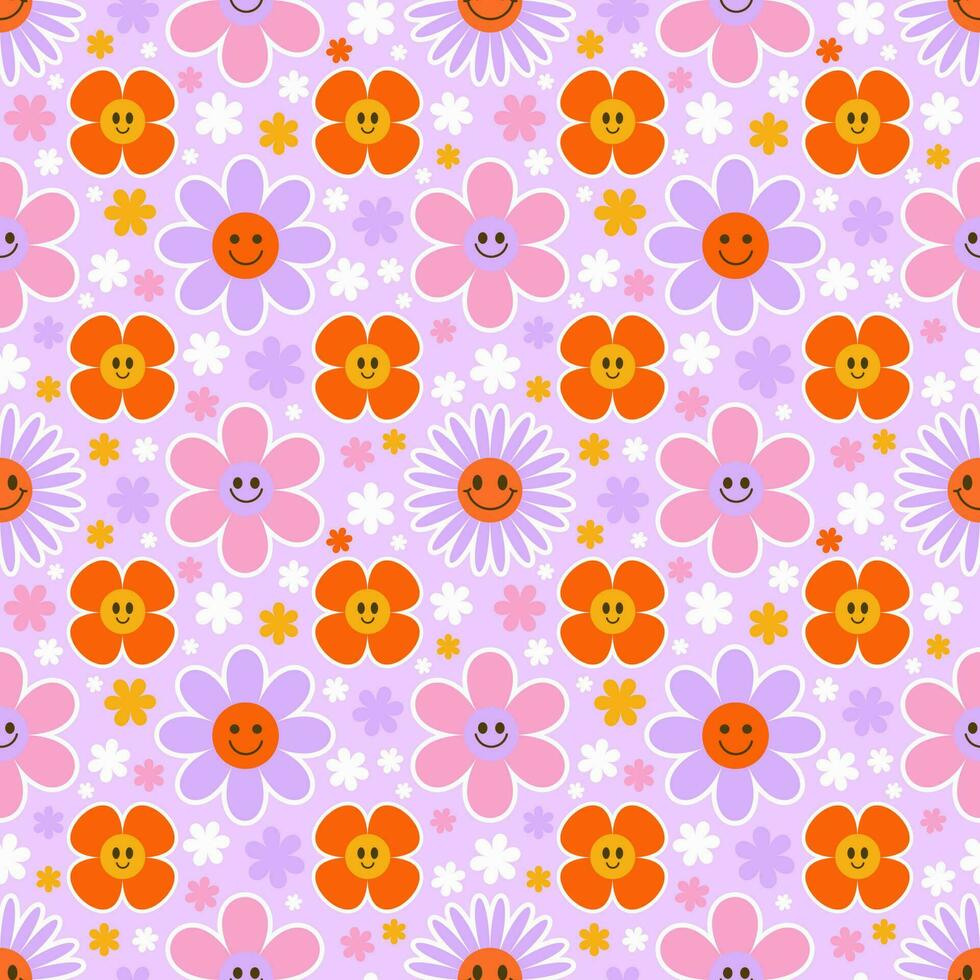 Groovy flower seamless pattern. Y2k floral smile background. Cartoon retro daisy print with funny faces. Vector trendy aesthetic illustration.