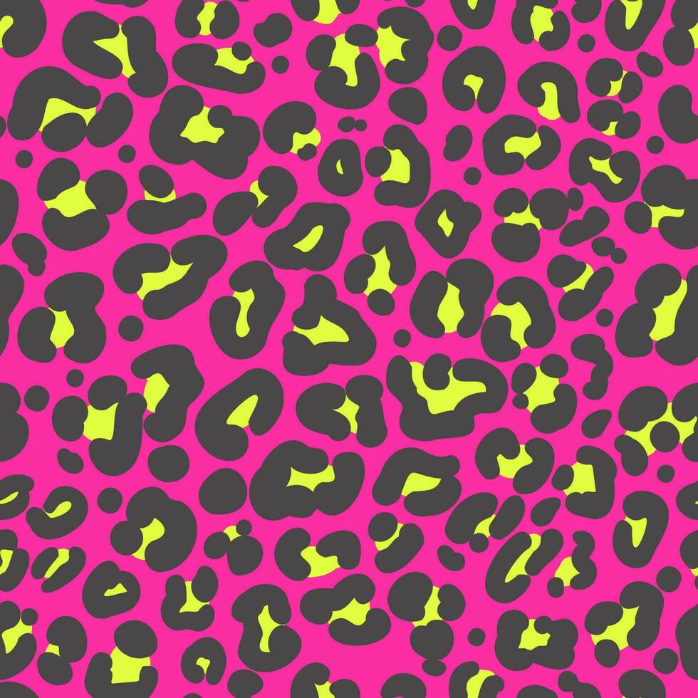Leopard print seamless pattern. Neon cheetah skin 80 90s design. Black and yellow spots on bright pink background. Vector