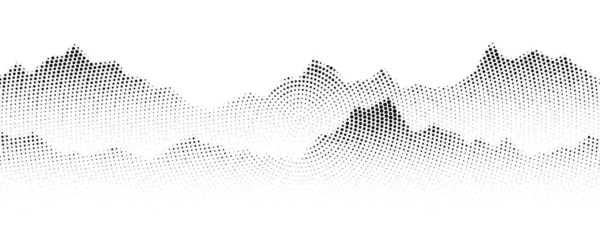Dotted mountain gradient background. Noisy stippled grainy texture. Abstract rocks landscape with peaks with sand effect. Vector halftone fade illustration