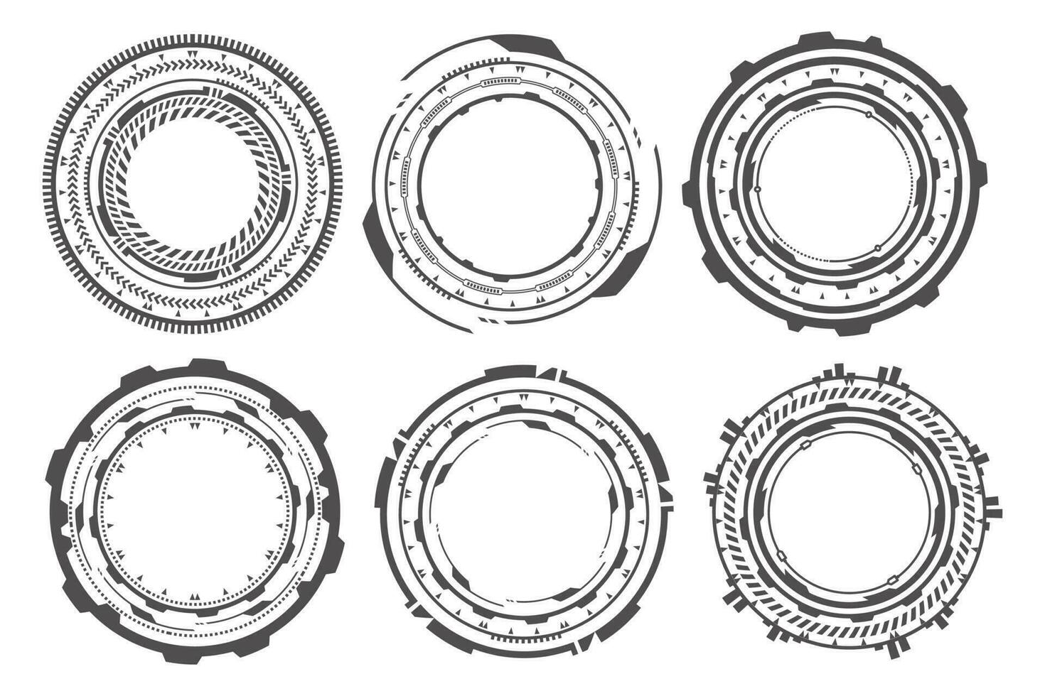 HUD tech circles for digital technology games design. Graphic elements for cyber interface. Round ui frames. Circular vector abstract icons.