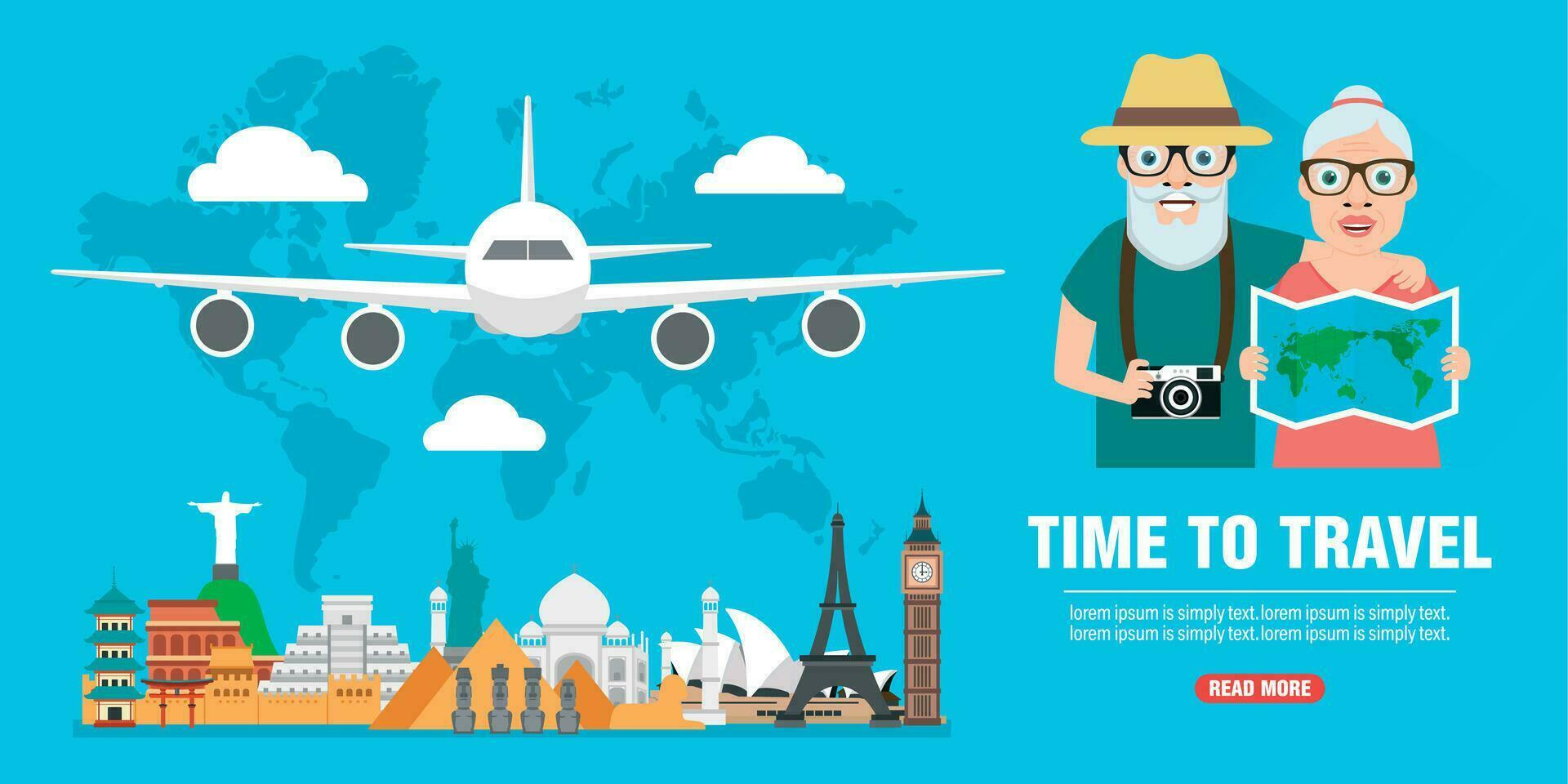 Time to travel. Journey of grandparents concept design flat banner vector
