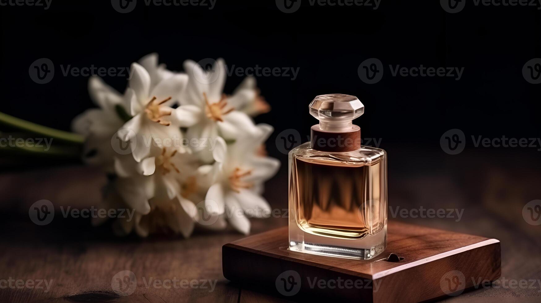 lujo perfume vaso botella con nardo flor pétalos en madera, minimalista oscuro negro antecedentes ai generado foto