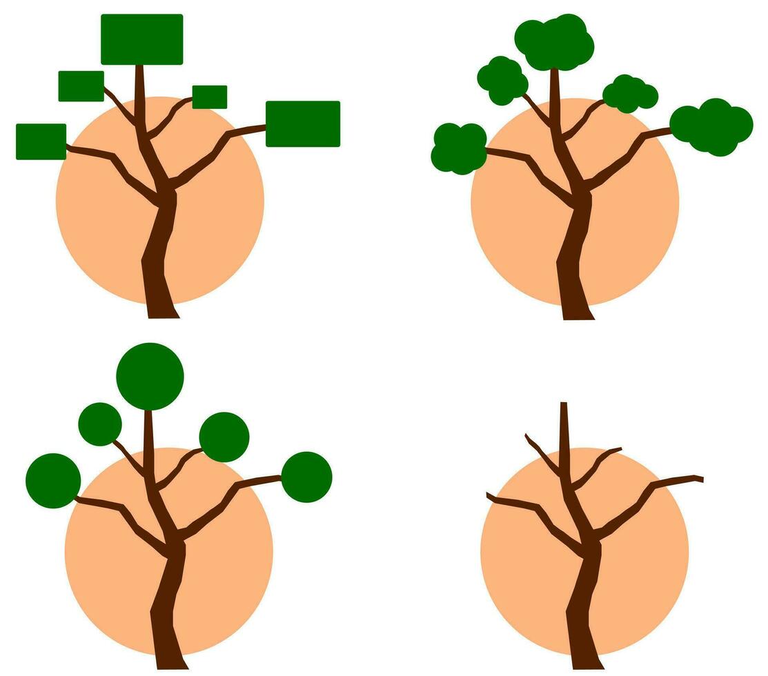 four vector illustrations of tree with square leaf, abstract leaf, circle leaf, without leaf, also with light brown sun, white background.