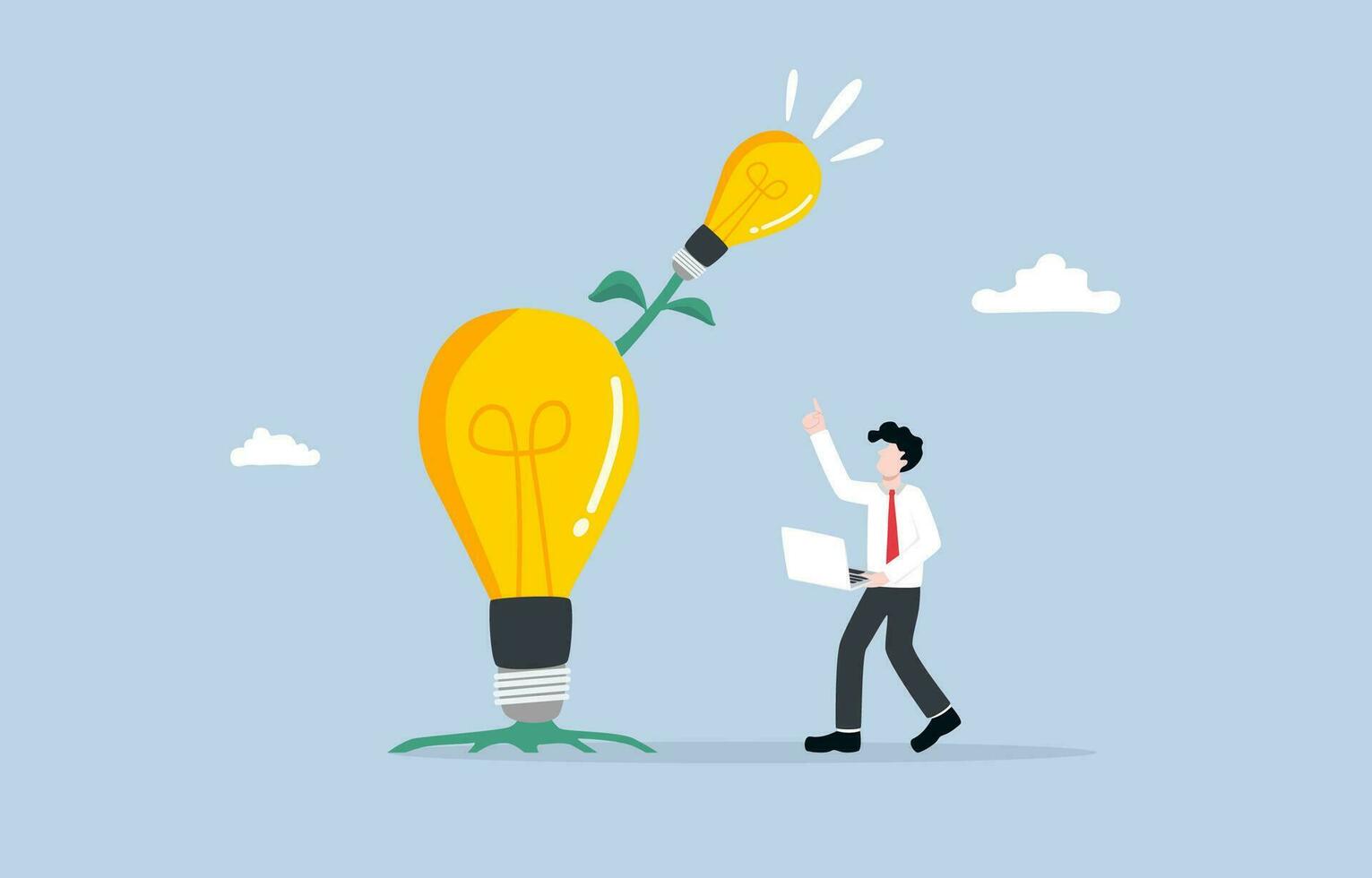 Developing originality, new creativity from original idea, inspiration to think forward concept, Businessman looking at new light bulb branch growing from light bulb tree. vector