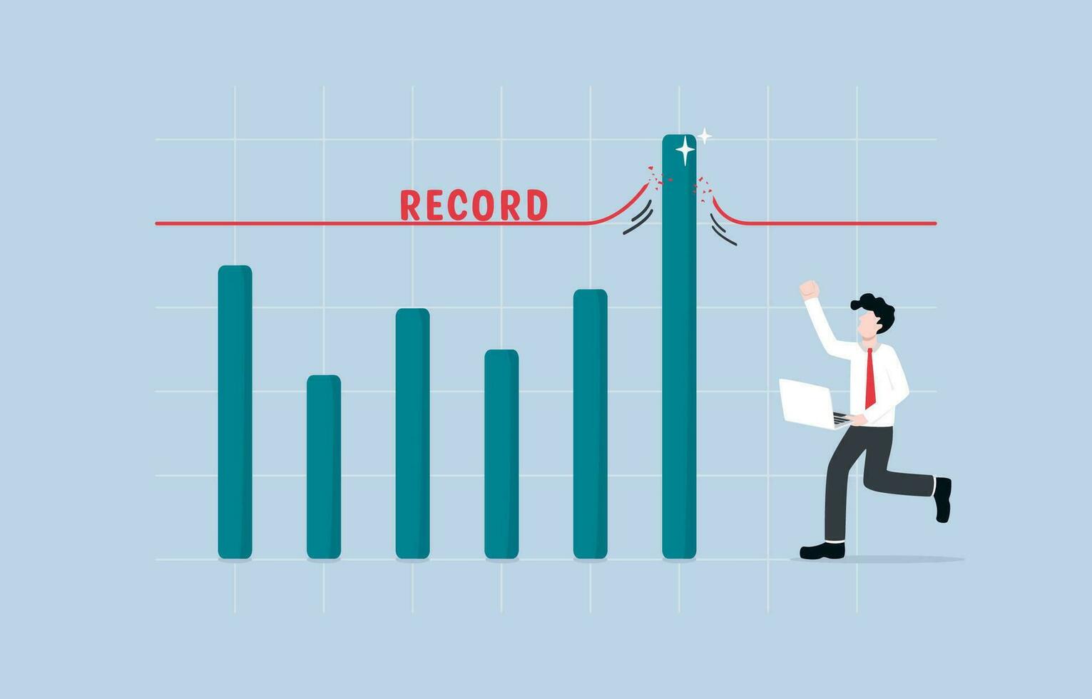 Record breaking sales, earning exceed expectation, surpassing business target concept, Cheerful businessman seeing bar graph breaking through record line. vector