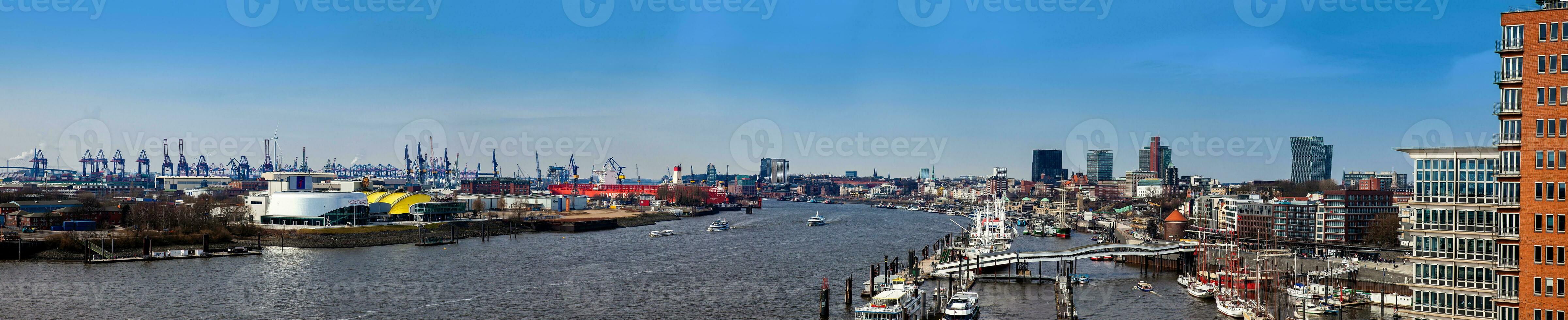 Panorama of a Hamburg harbour and port on a beautiful early spring day photo
