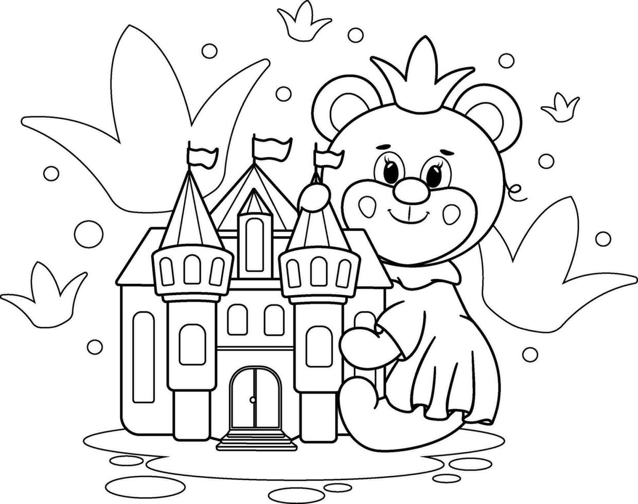 Coloring page. Bear Princess. Magic and joy in a vector illustration of a bear with a crown, dress, and colorful princess castle