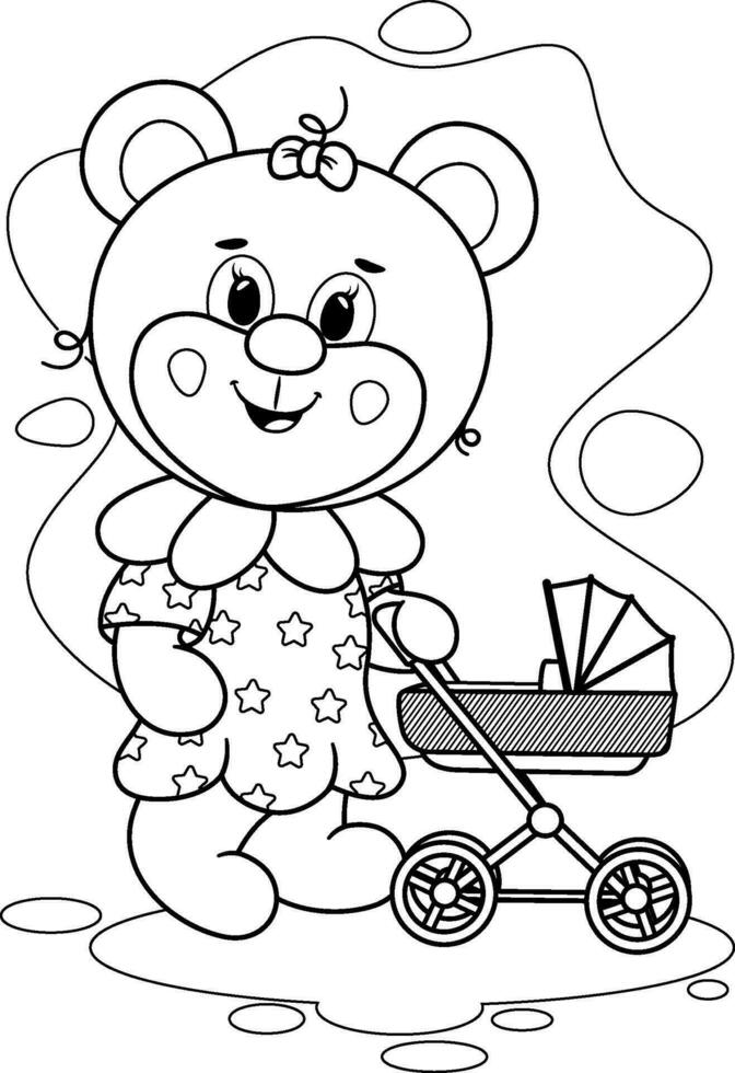 colorante página. riendo alegre oso con un arco en un vestir y un bebé carro. vector ilustración